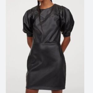DIVIDED H&M Black Faux Leather Puff Sleeve Mini Dress Size XS